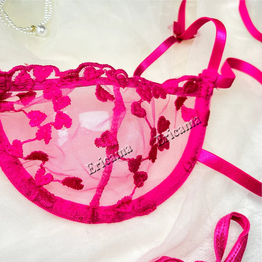 Bright pink floral embroidered mesh bra with scalloped lace trim