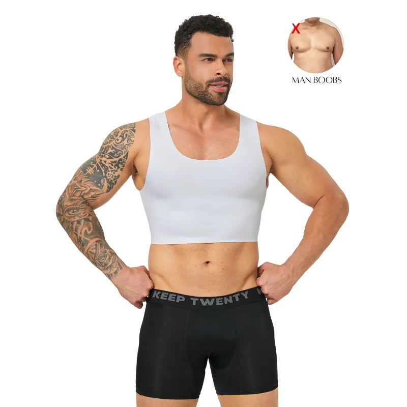 White seamless chest binder tank with wide underbust band