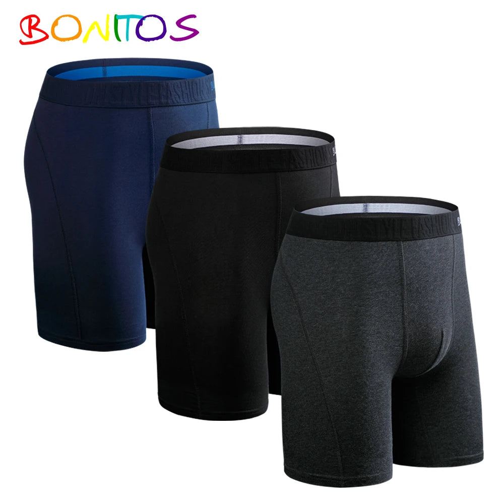 Men's cotton long boxer shorts, 3-pack in dark blue, dark gray, and black