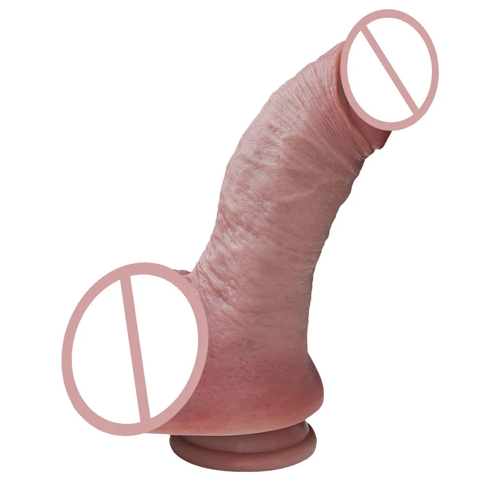 Realistic silicone dildo with suction cup, light pink, underside base and tip visible