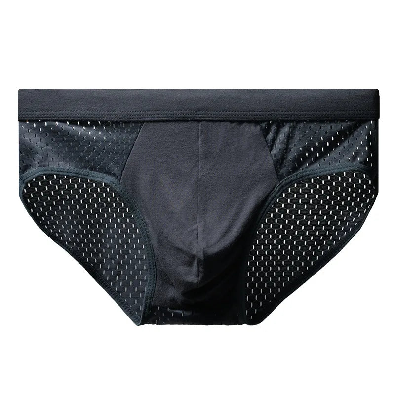 Ice silk mesh square-cut briefs, dark pair with mesh side panels and center seam