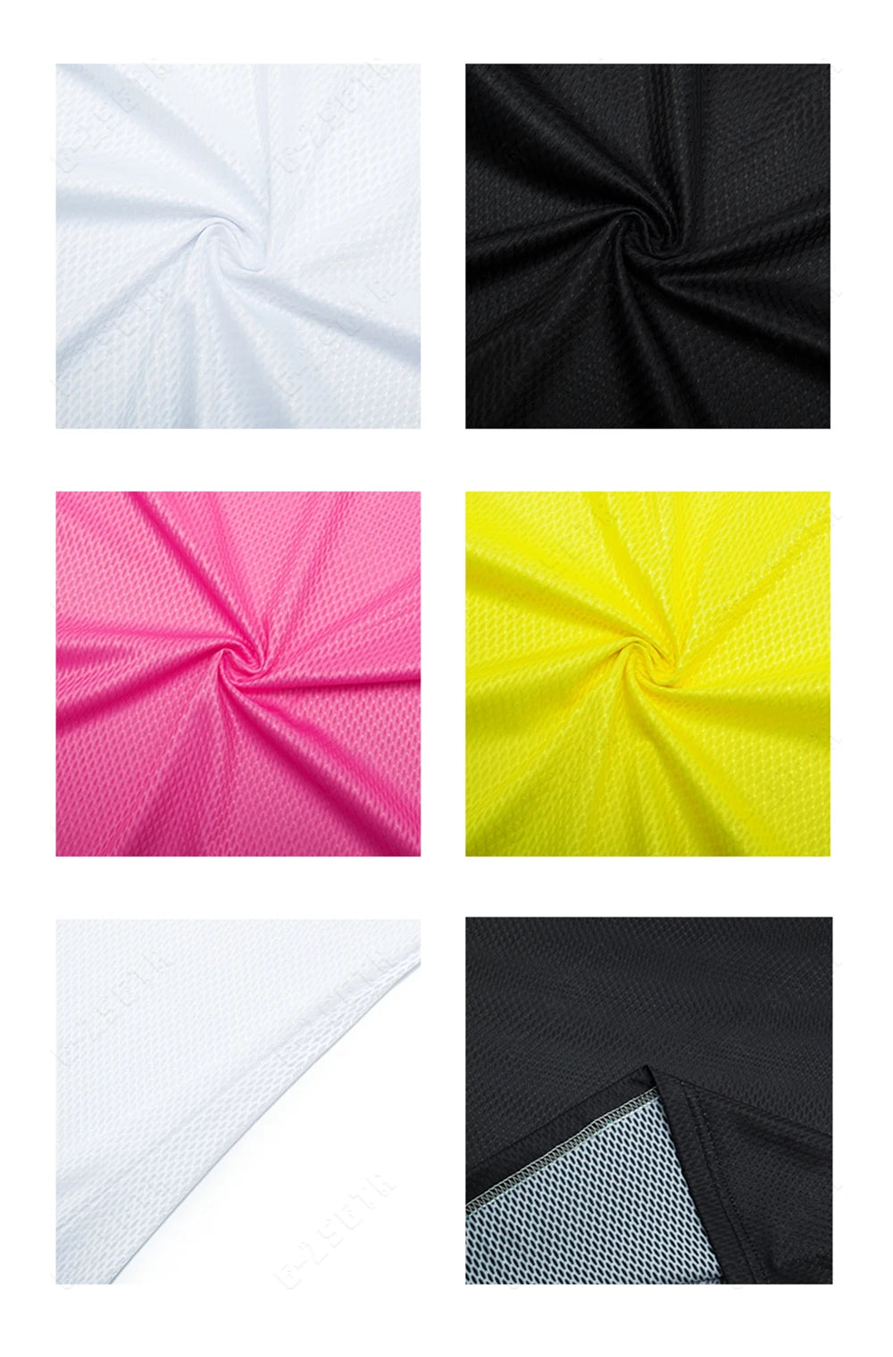 Reflective cycling base layer fabric texture swatches: white, black, pink, and yellow