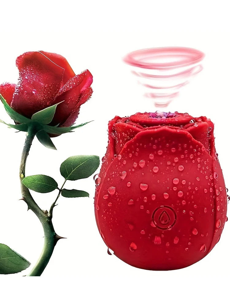 Red rose-shaped suction vibrator with textured petals and power icon on body