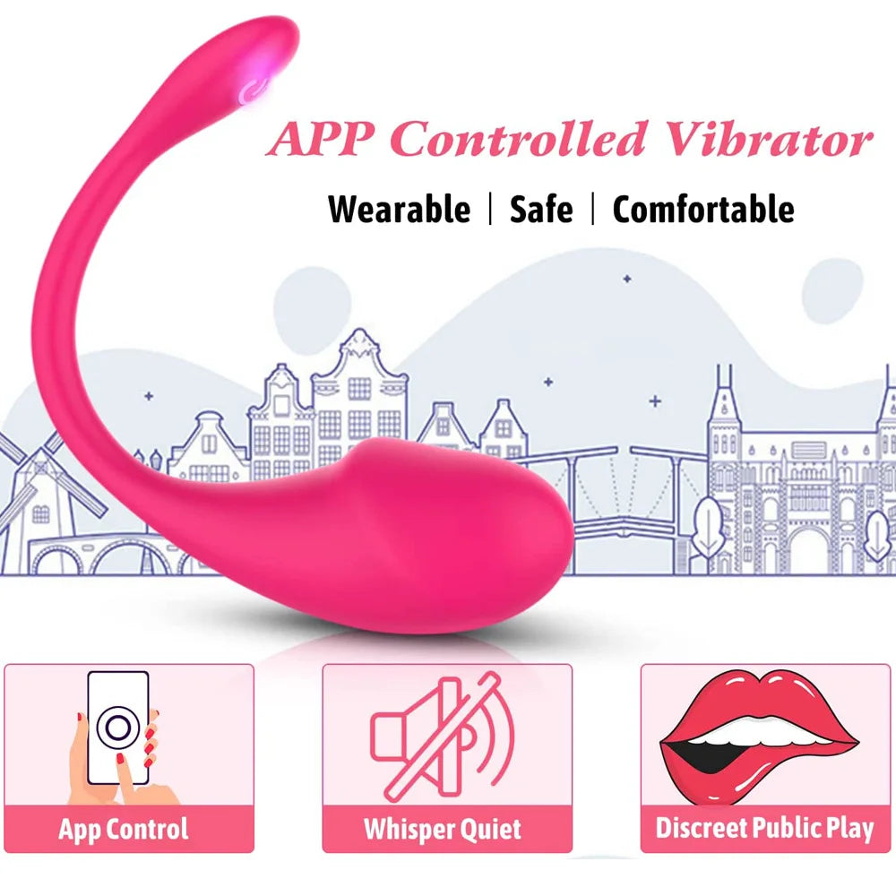 Pink APP-controlled wearable g-spot vibrator with curved, flexible body