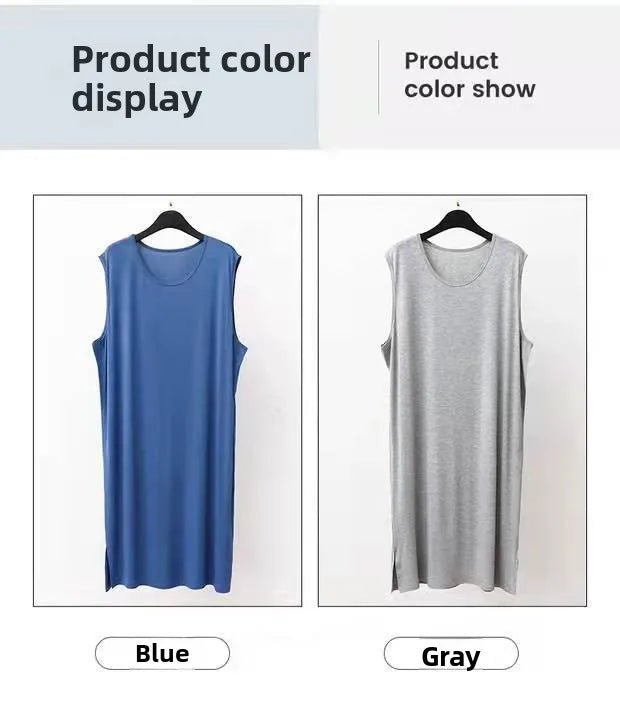 Men's sleeveless sleepwear vest dress shown in blue and gray with scoop neck