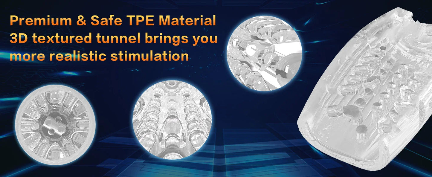 Clear textured tunnel inserts for realistic stimulation with premium TPE material look