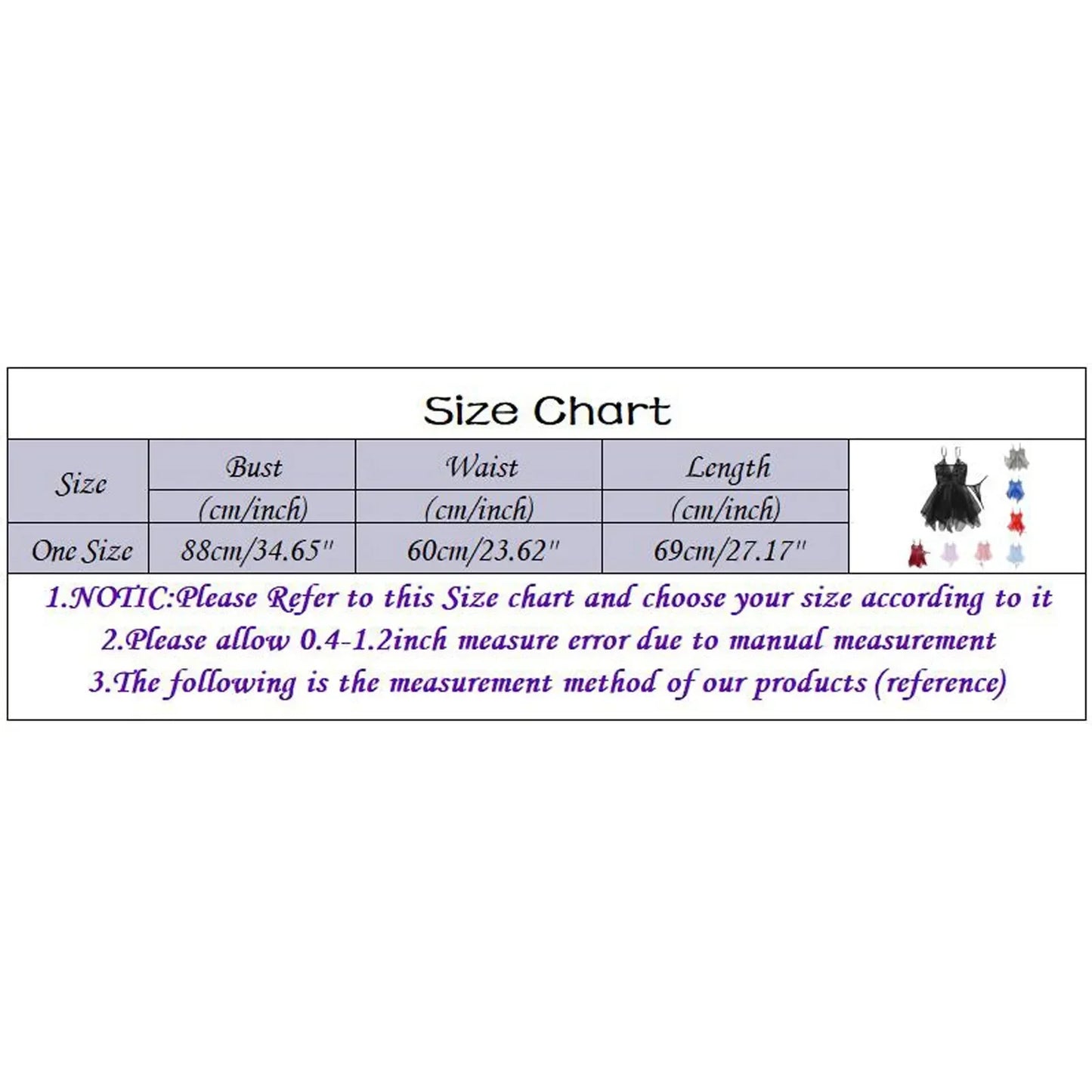 Size chart for one-size lingerie set: bust 88cm, waist 60cm, length 69cm