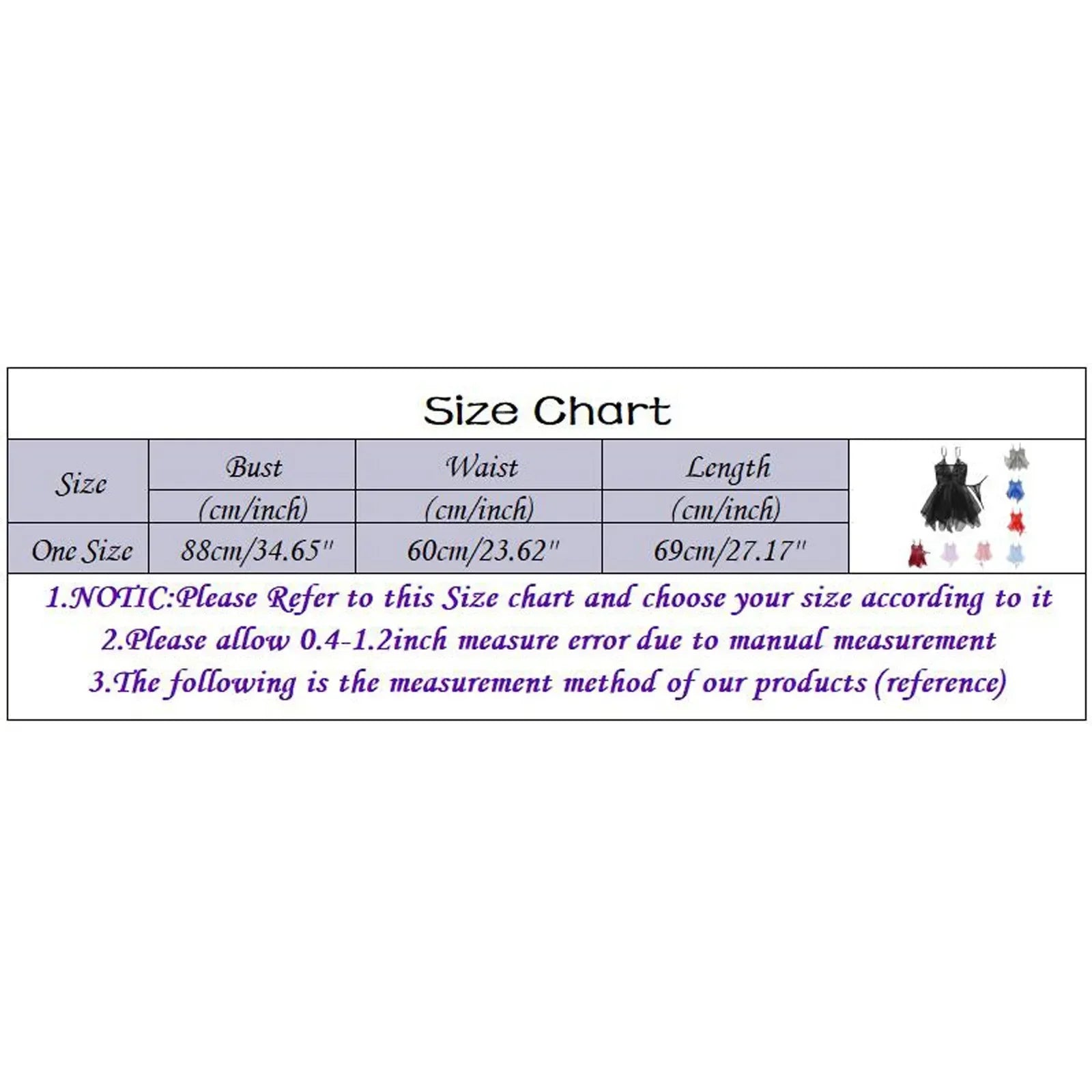 Size chart for one-size lingerie set: bust 88cm, waist 60cm, length 69cm