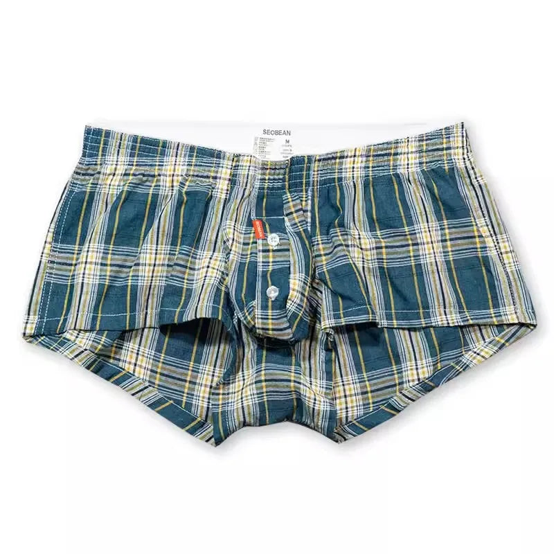 Blue plaid cotton boxer briefs with elastic waistband and fly front, 1-piece