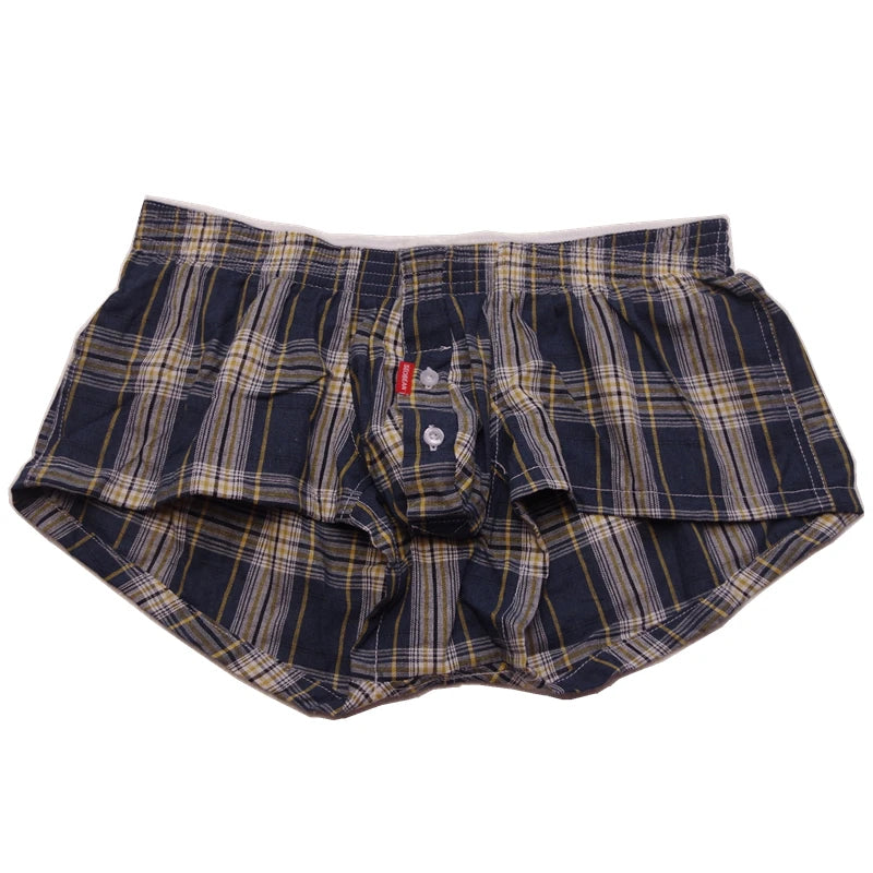 Plaid cotton boxer brief, dark navy plaid with yellow and light stripes, button fly
