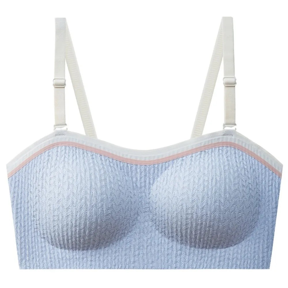 Seamless wireless lift bra in light blue, full-coverage molded cups with adjustable straps