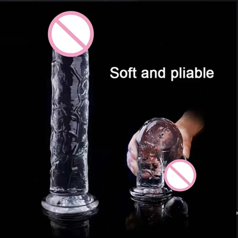Realistic jelly dildo with suction cup, upright view plus handheld view