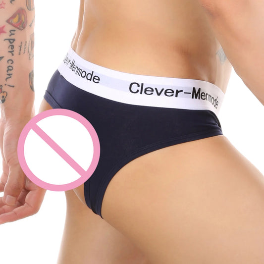 Open-back cotton anal brief, dark navy/black, wide white logo waistband and low back cut