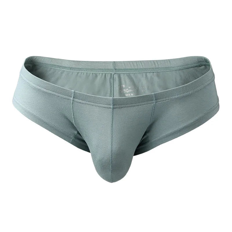 Gray-green minimal stretch thong, flat lay showing elastic waistband and seams