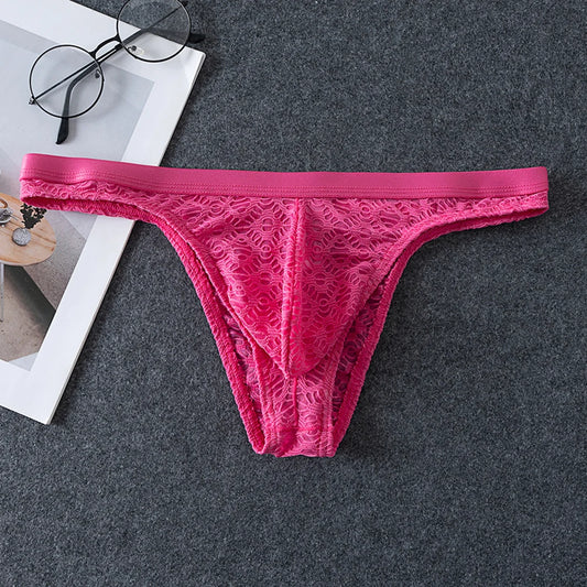 Sheer jacquard thong brief, rose pink lace with scalloped waistband and leg edges