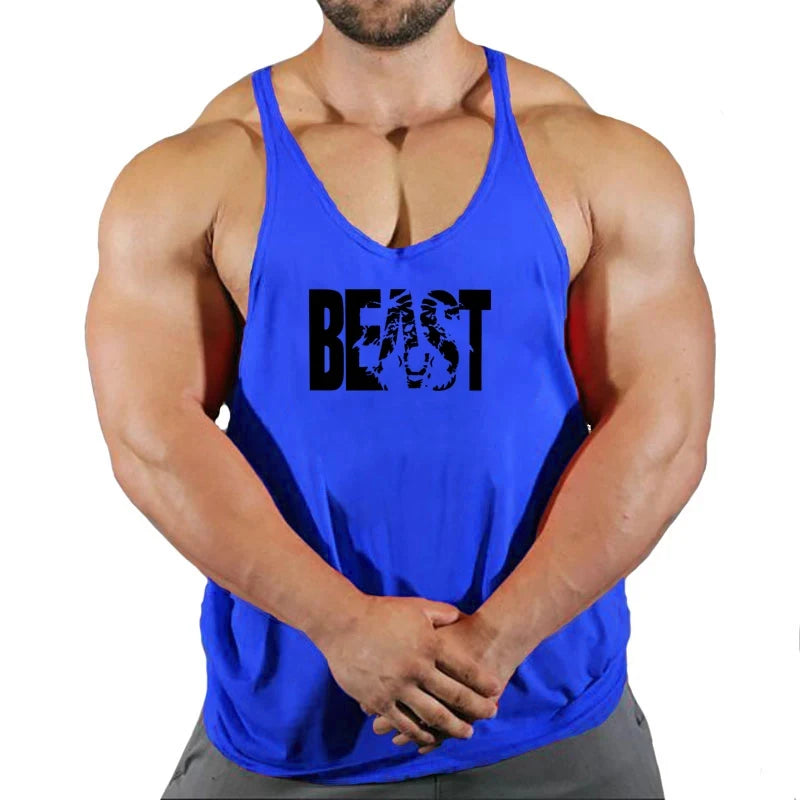 Gym stringer singlet, blue, deep scoop neck and thin straps with BEAST chest print