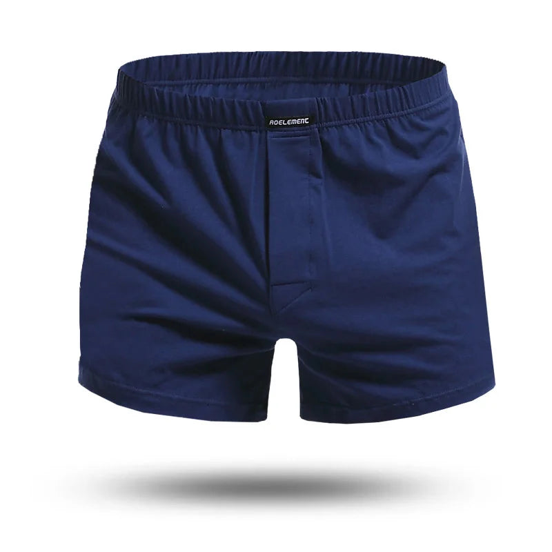 Blue cotton pyjama boxer shorts with elastic waistband and front fly seam
