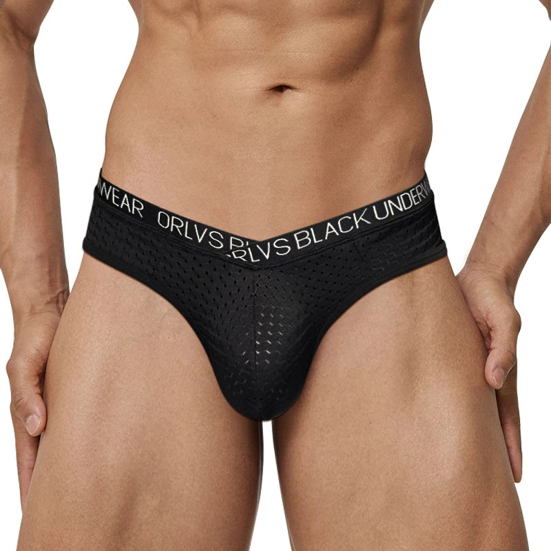 Black sheer mesh pouch brief, textured dot pattern, wide logo waistband