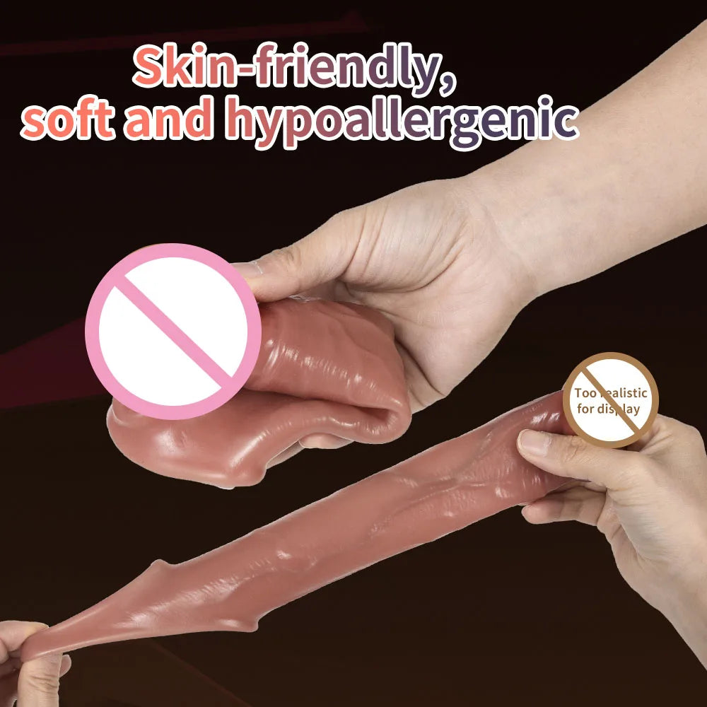 Realistic penis extension sleeve, glossy skin-tone sleeve held in hand