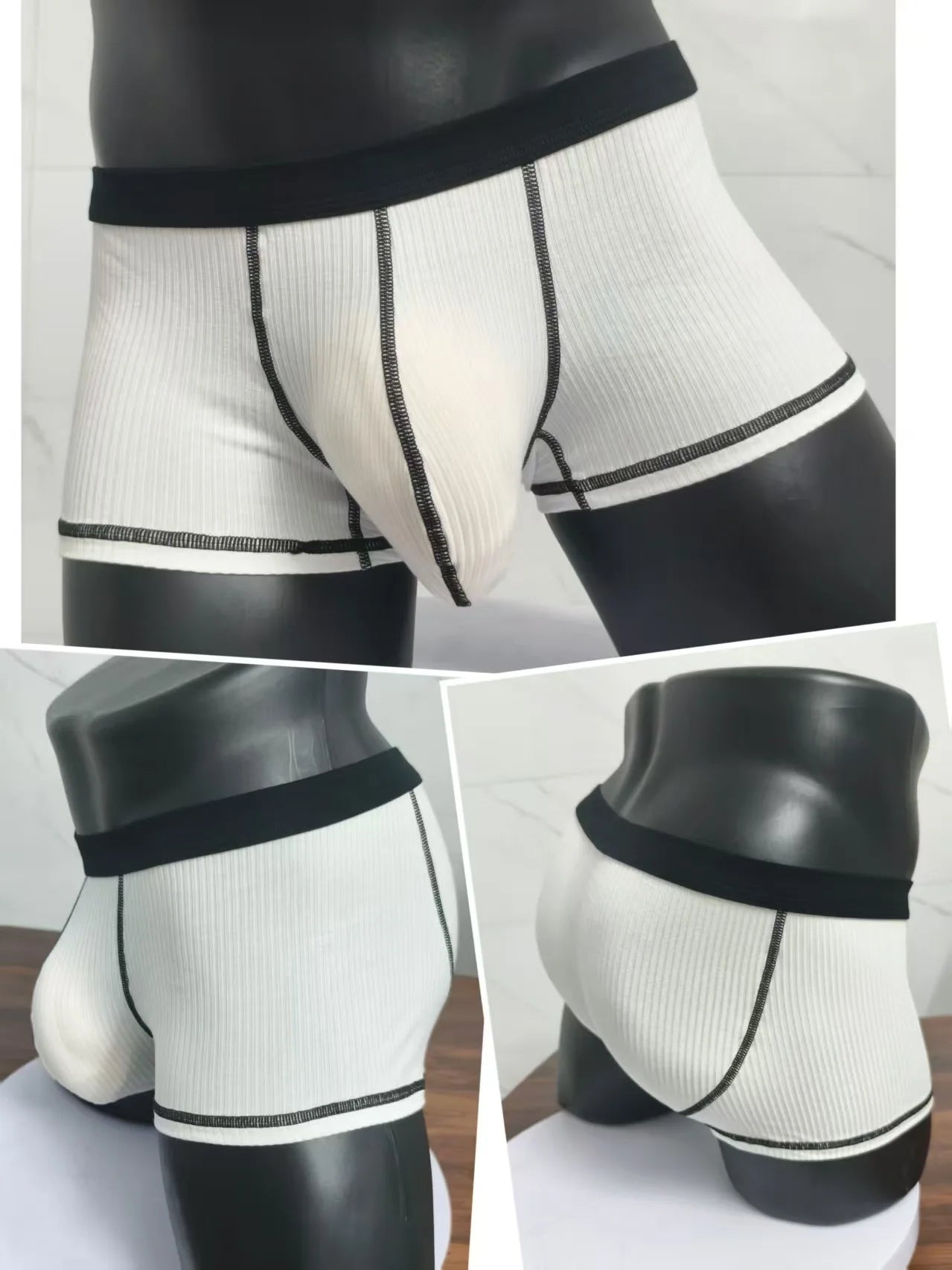 White ribbed boxer shorts with black waistband and black contrast seam trim.