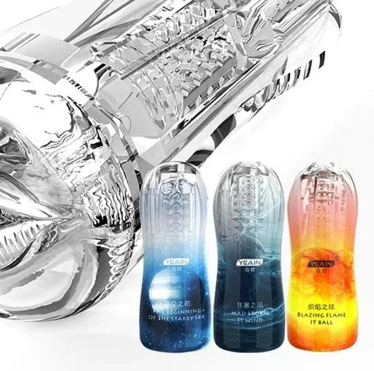 Vibrating stroker cup set of 3 translucent designs in blue, dark and orange/amber