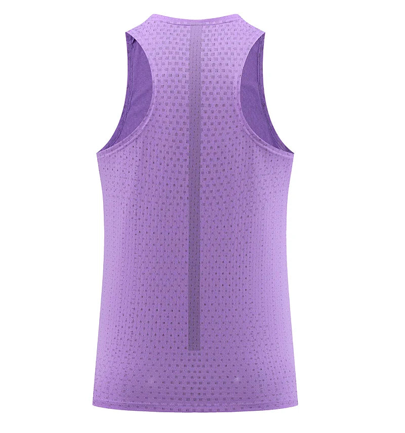 Men's breathable mesh gym vest tank, purple, back view with vertical center seam