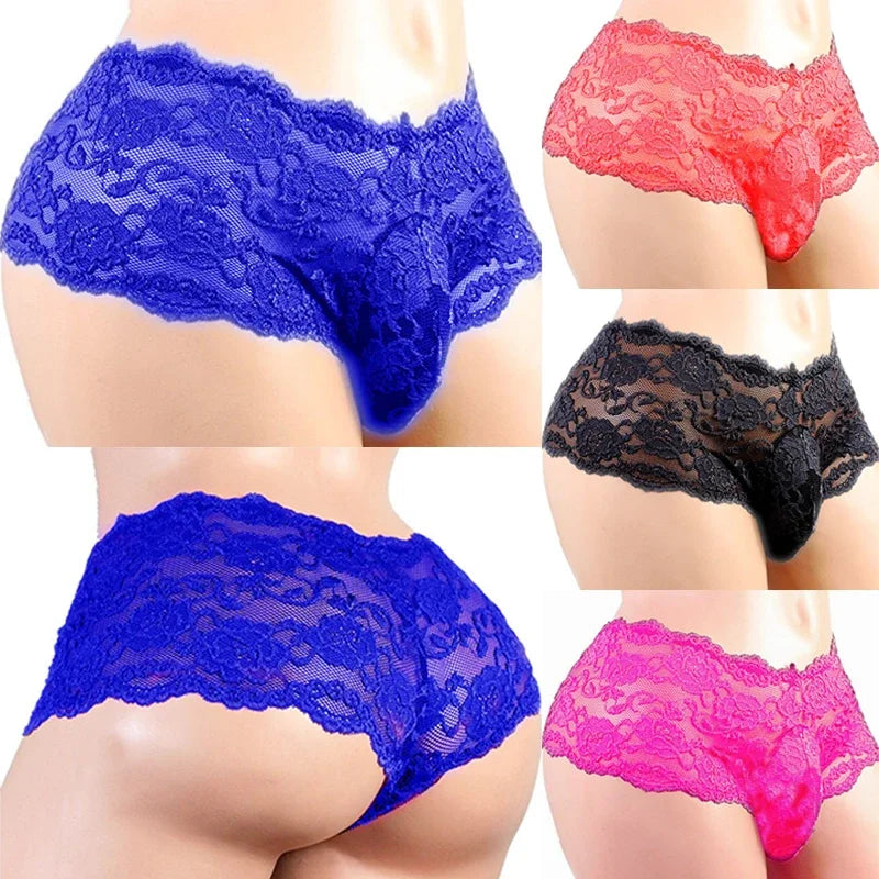 Blue lace sissy jockstrap brief with scalloped edges and intricate floral lace