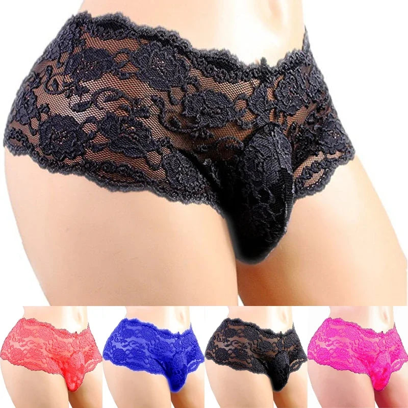 Black lace sissy jockstrap brief with scalloped trim and floral lace texture