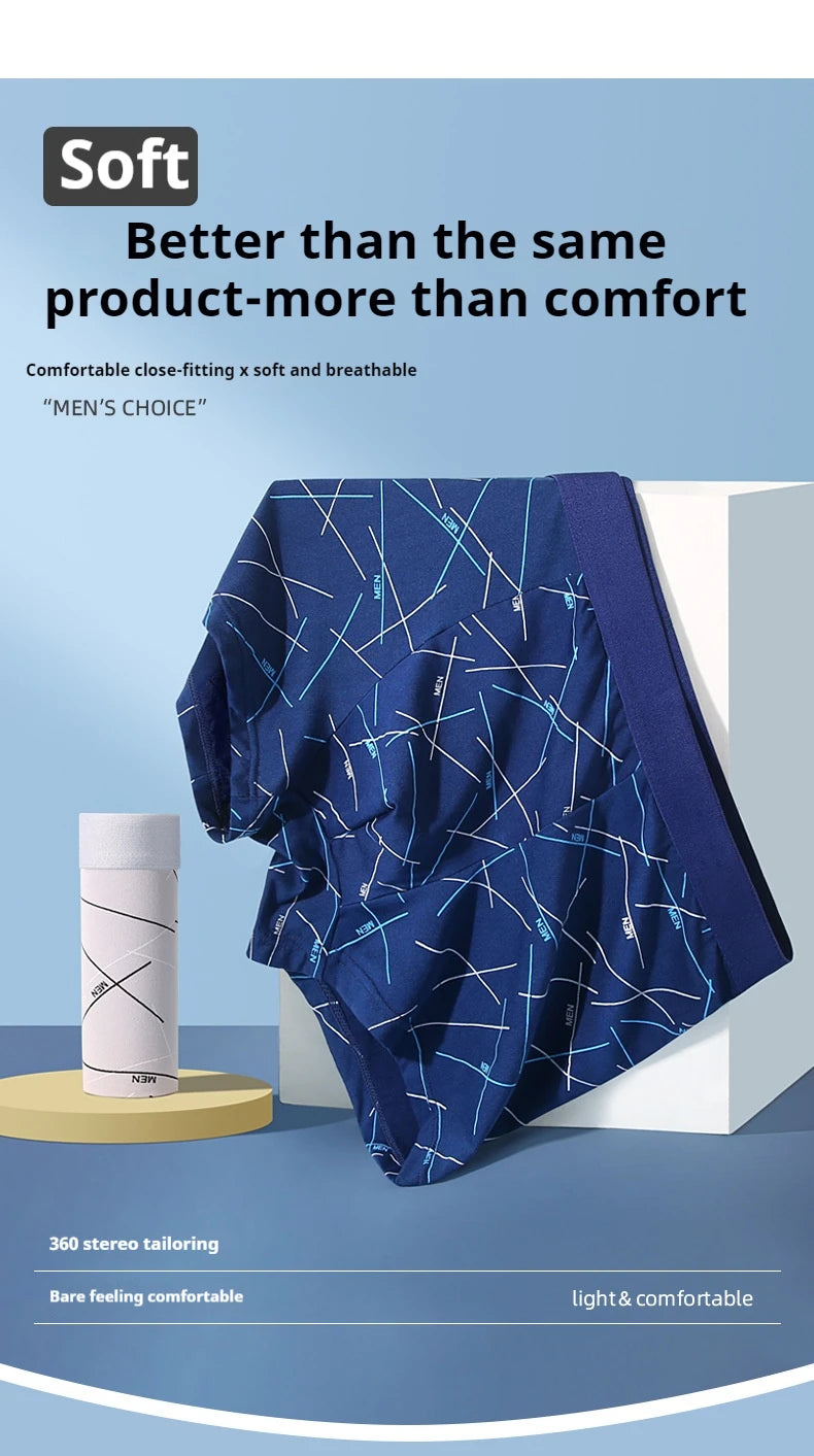 Men’s stretch trunk set with dark blue abstract line pattern boxer briefs, folded