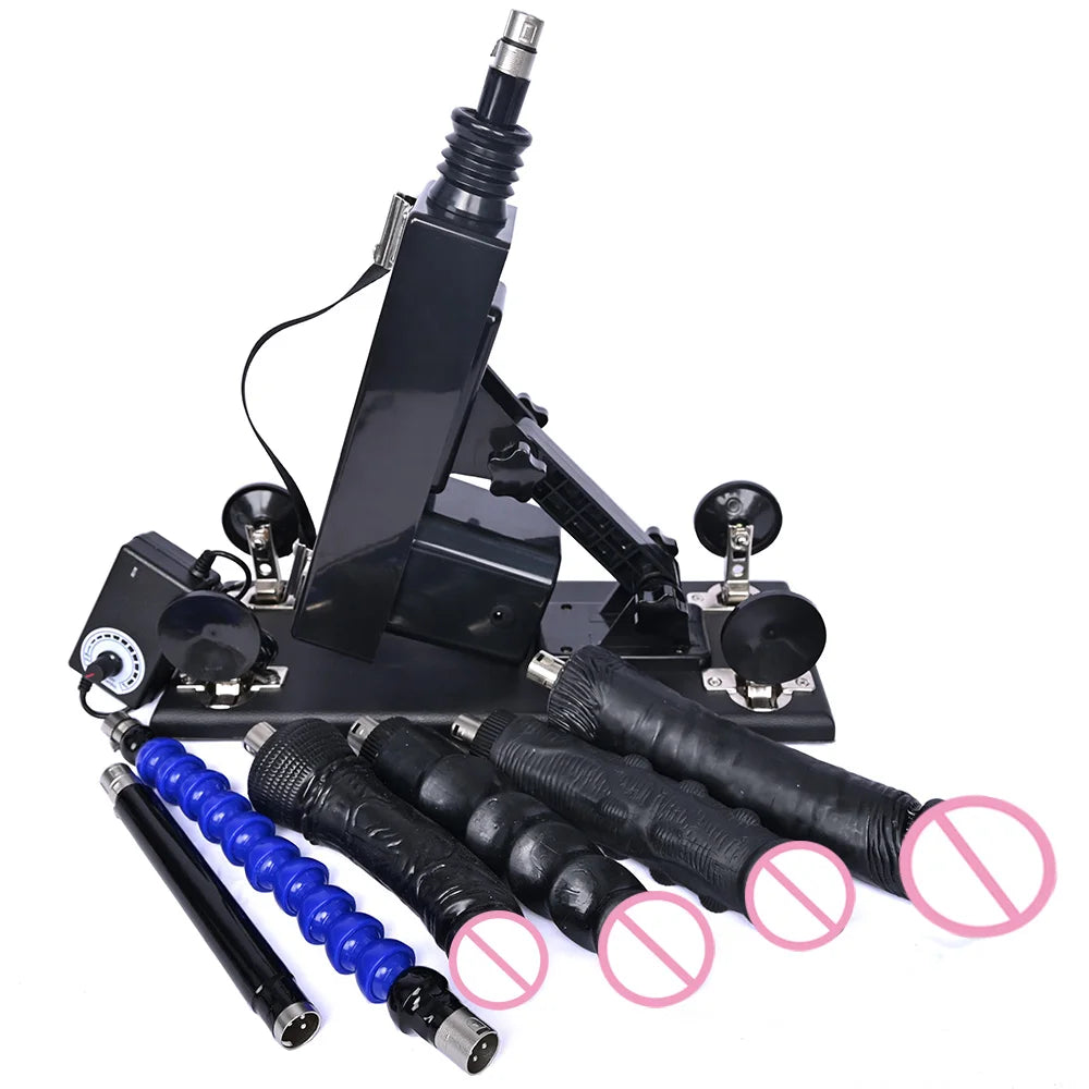 Black automatic thrusting sex machine with black and blue rod attachments and mounting arms