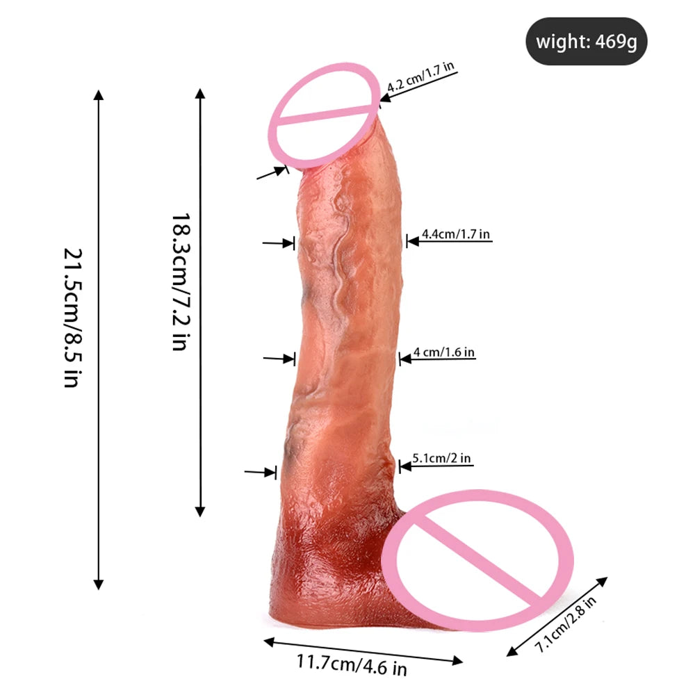 Measurement diagram of red silicone dildo with suction base, double-layer texture