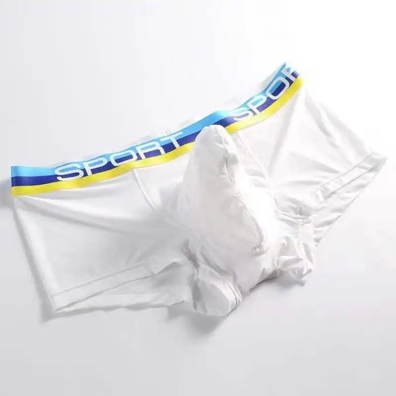 White ice silk brief, striped waistband with contoured pouch seam detail