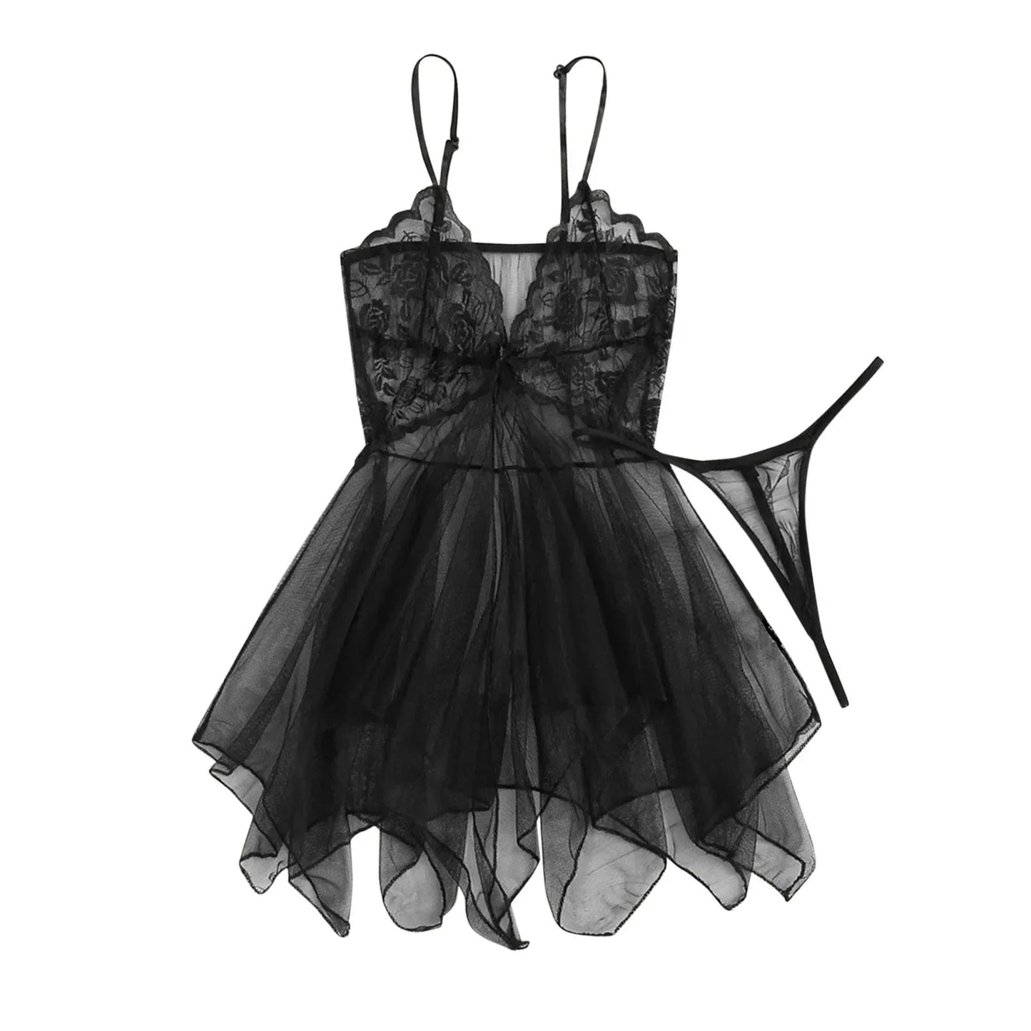 Black sheer lace babydoll set with scalloped cups, short tulle skirt, and thong