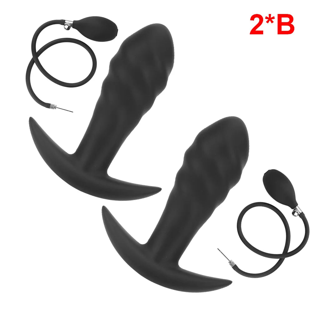 Black inflatable anal plug set with three plugs and two ring straps
