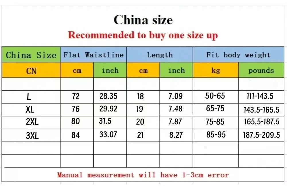 Boxer shorts size chart with waistline, length, and fit weight table.