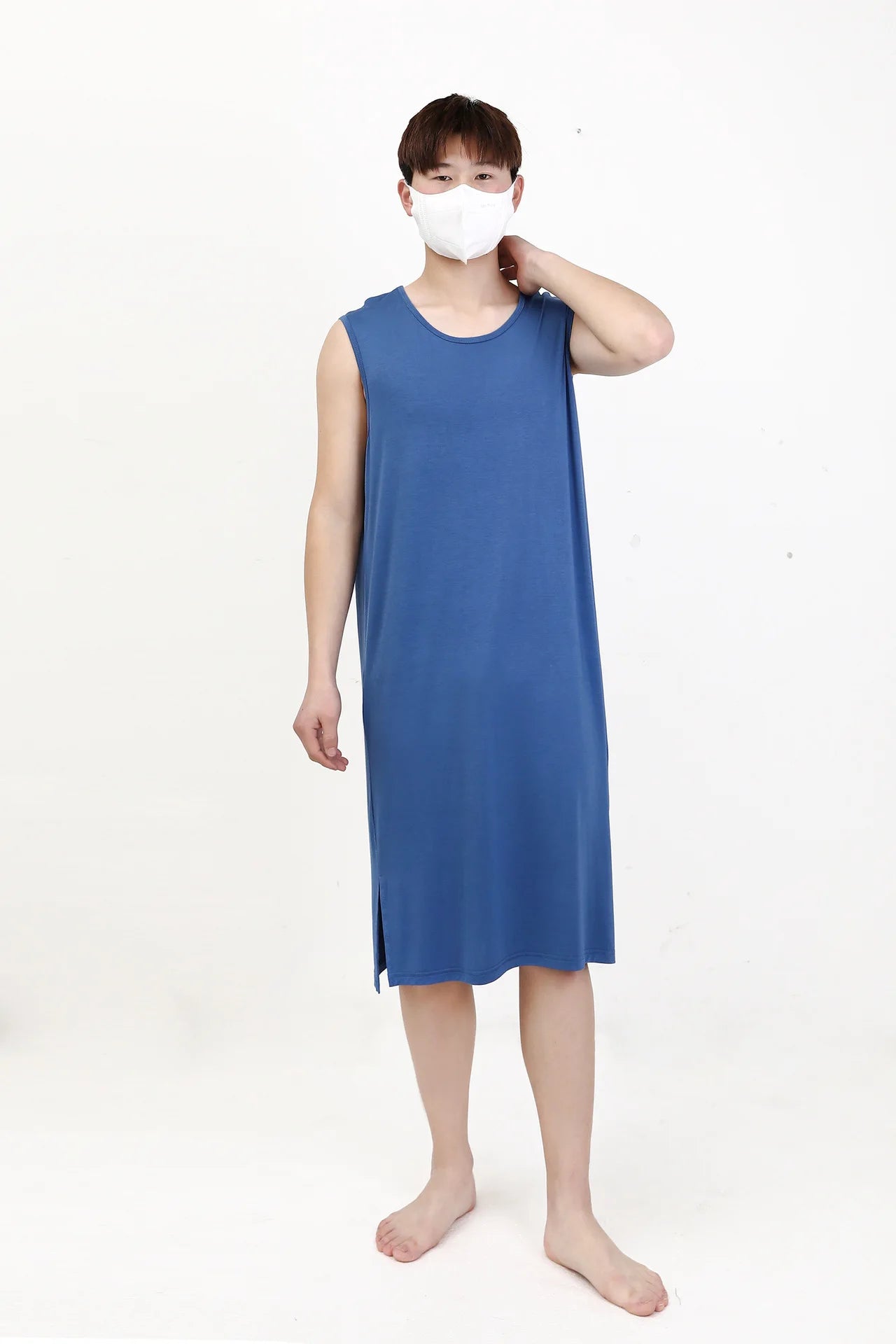 Blue sleeveless sleepwear vest dress, front view with split hem detail