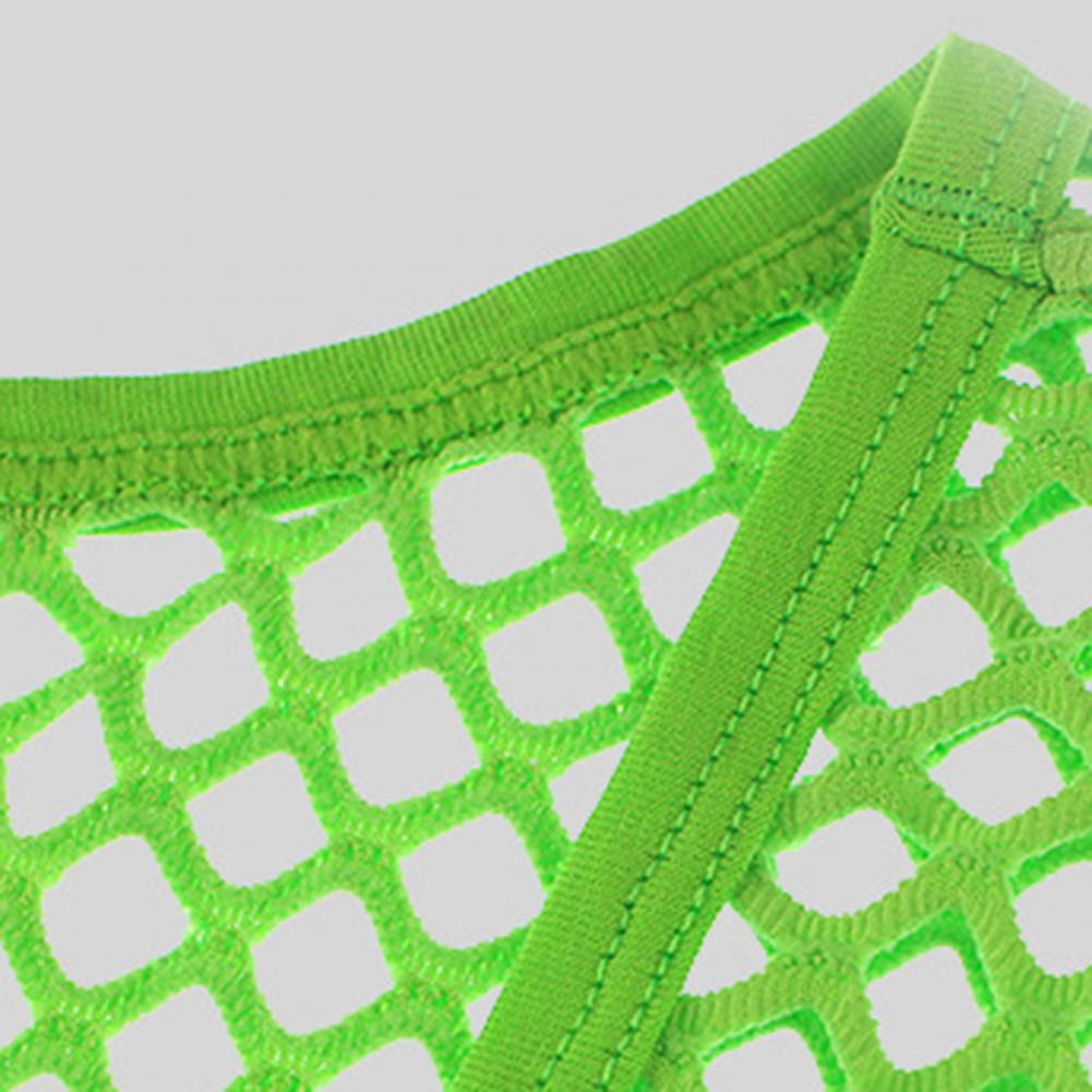 Neon green fishnet mesh close-up with stitched round neckline trim