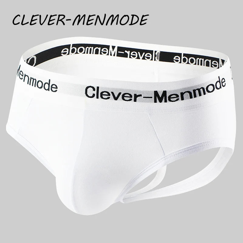 White cotton open-back anal brief with wide logo waistband and side cutout