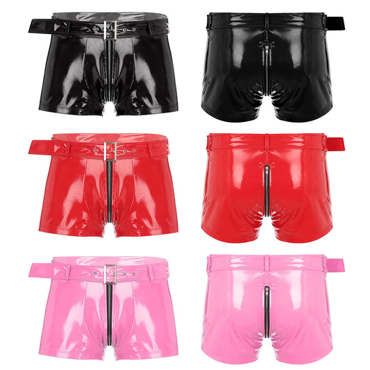 Set of wet-look PVC zipper boxer briefs in black, red, and pink
