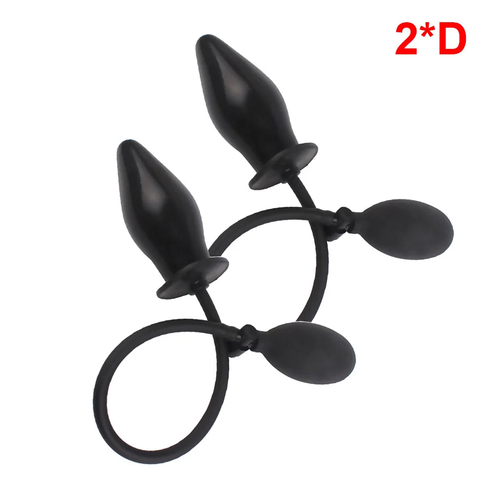 Black inflatable anal plug set with double loop strap and two tapered plugs