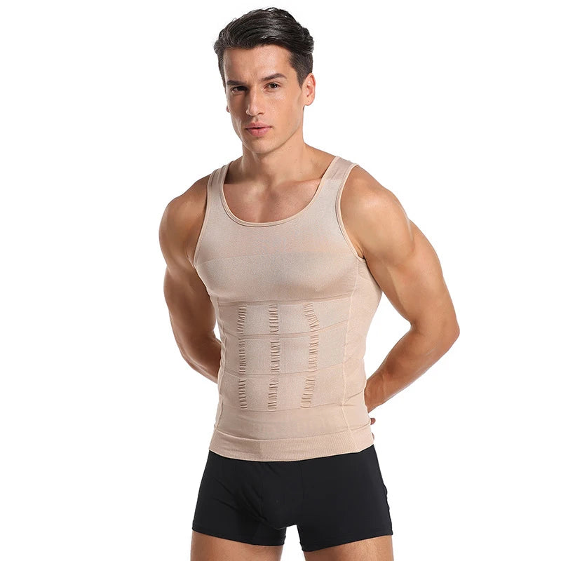 Skin-toned men’s compression corset vest with scoop neck, sleeveless panel stitching