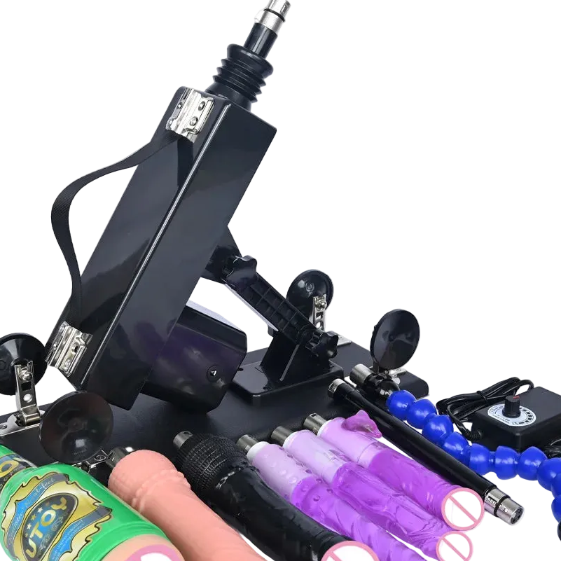 Automatic thrusting sex machine, black mounting frame with control knobs and support base