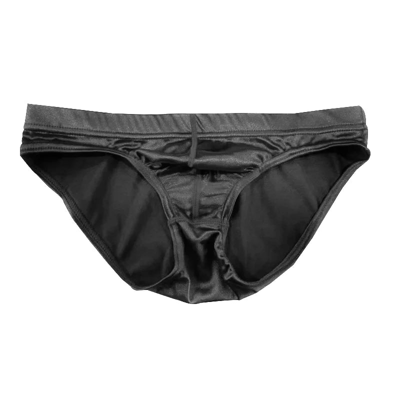 Black satin silky brief underwear, glossy finish and V-front with side panels