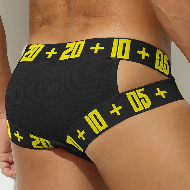 Classic stretch brief, black fabric with black waistband and yellow + numbers