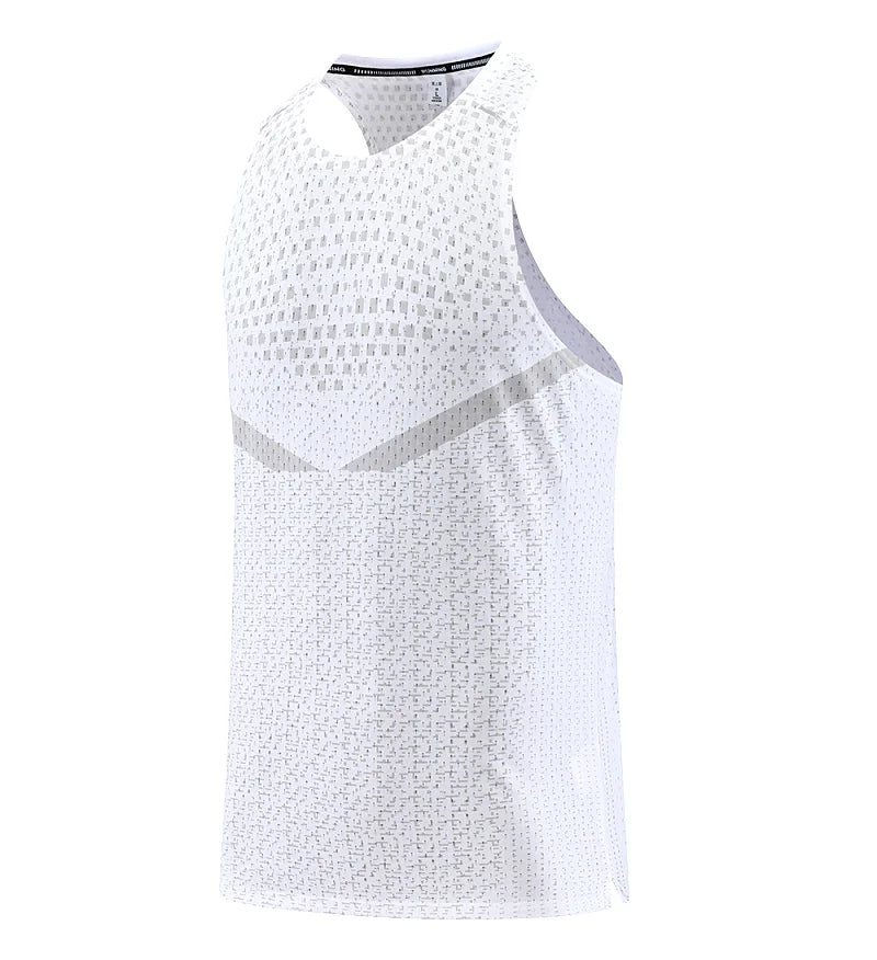 Men's breathable mesh gym vest tank, white, angled view with curved hem