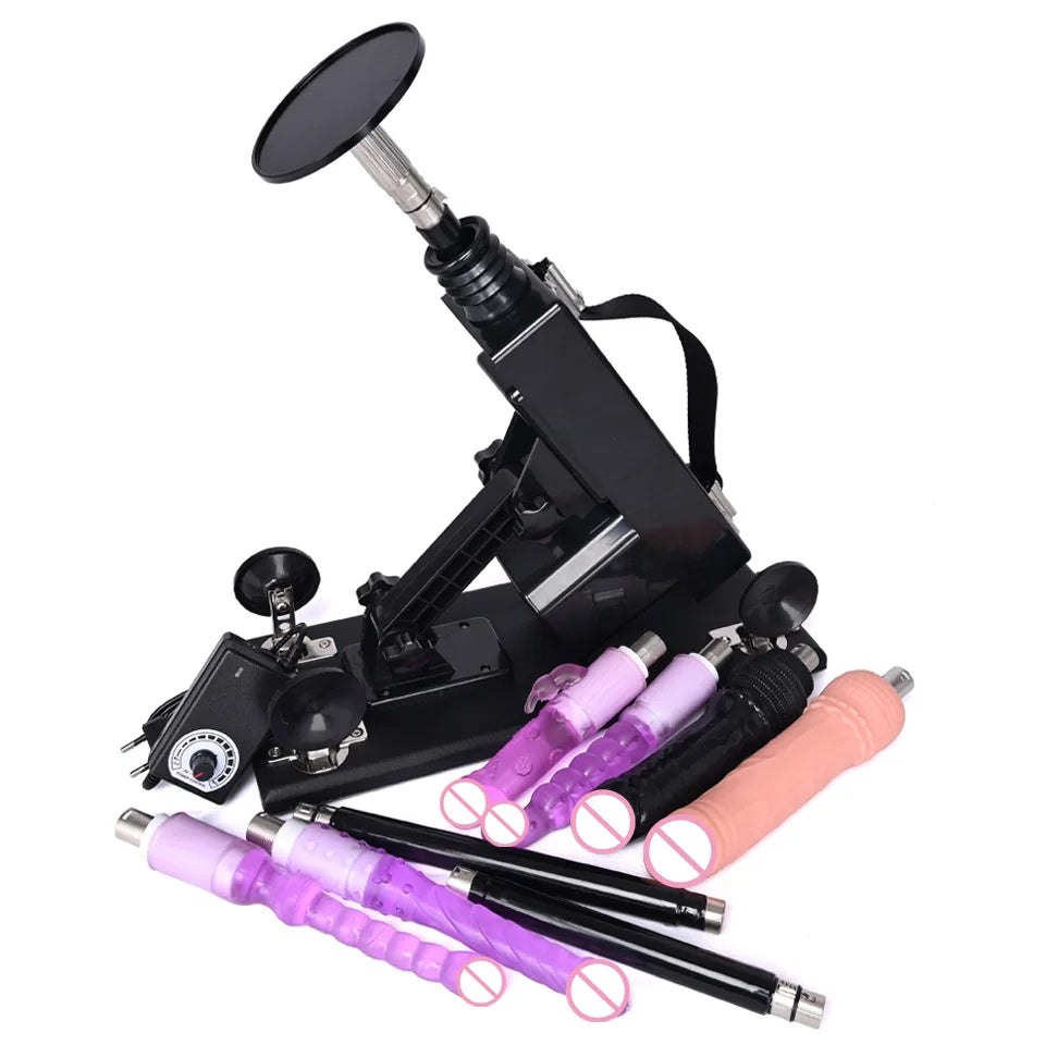 Black automatic thrusting sex machine with purple and pink rod attachments and mounting frame