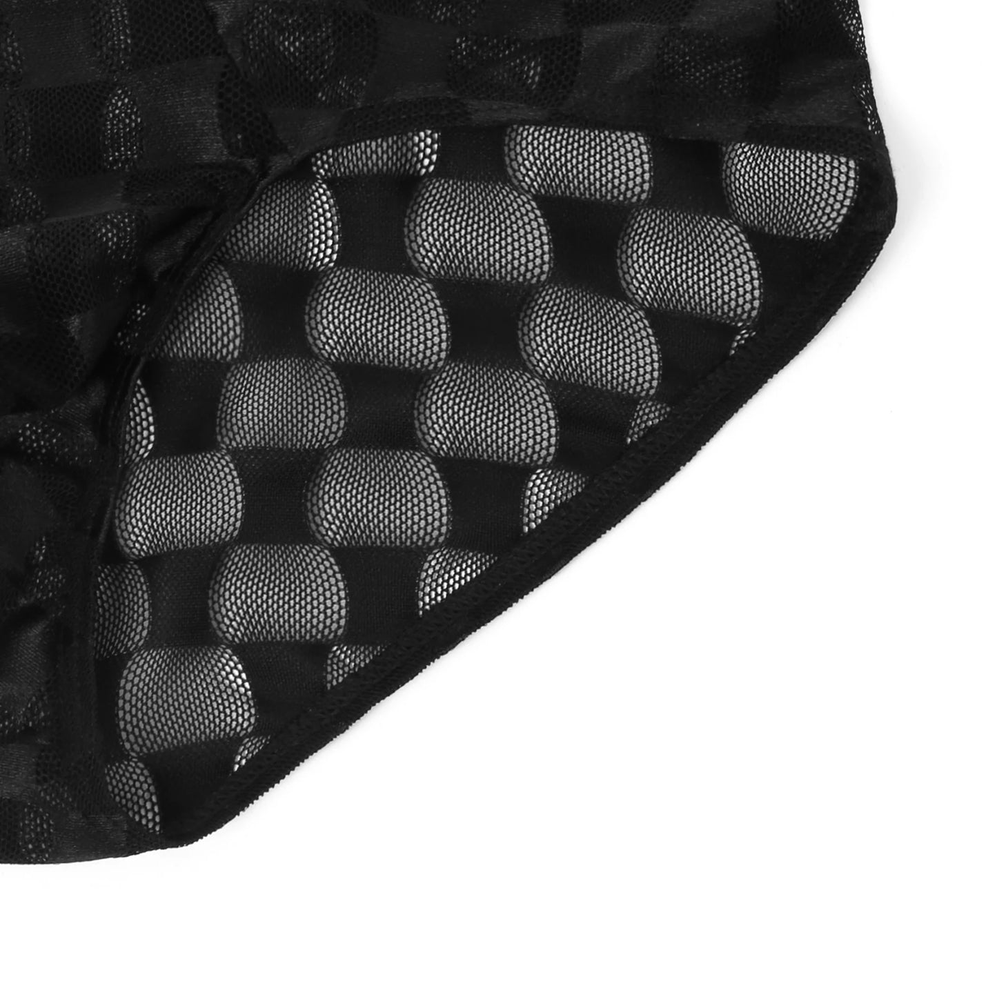 Black transparent checkered mesh brief with curved front panel detail