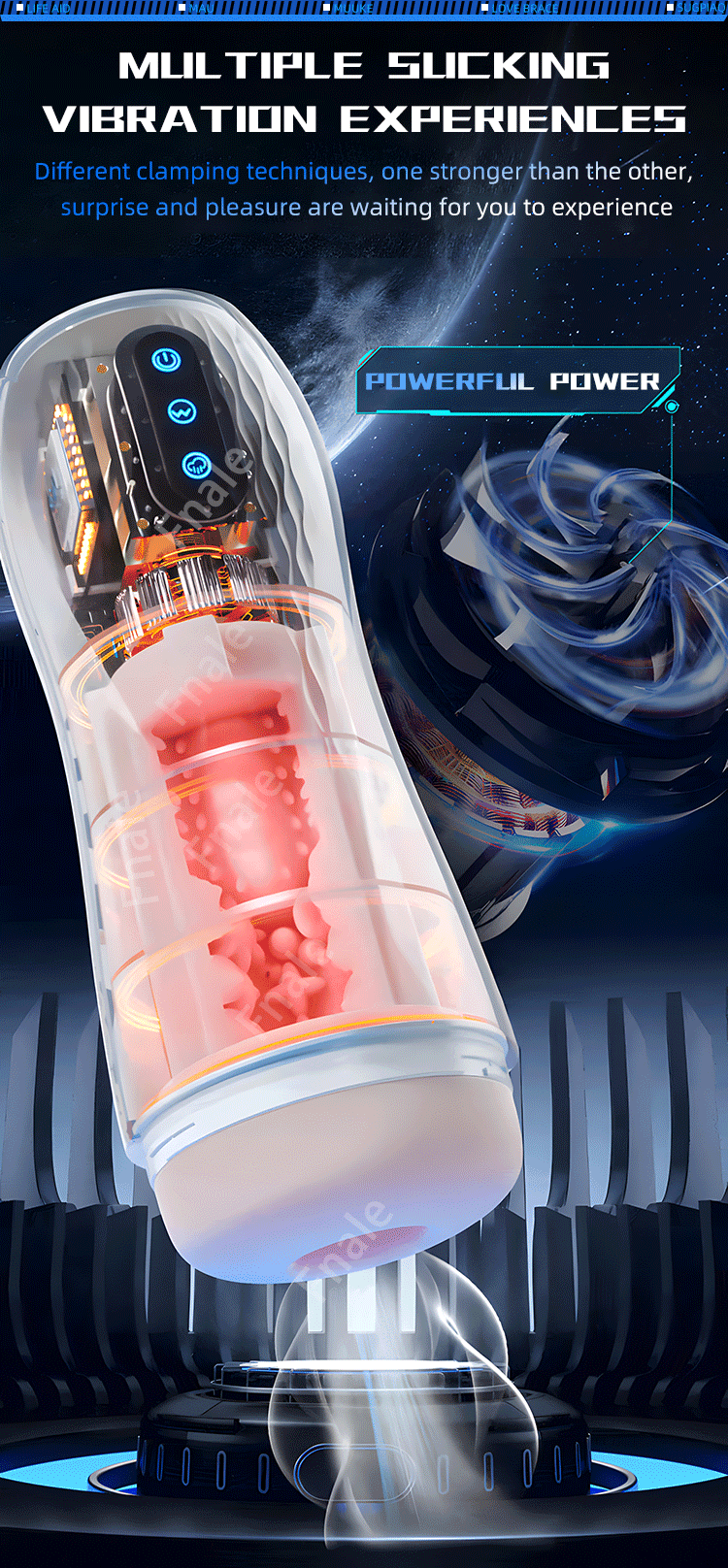 White masturbator cup with open head and glowing internal texture, full-front view