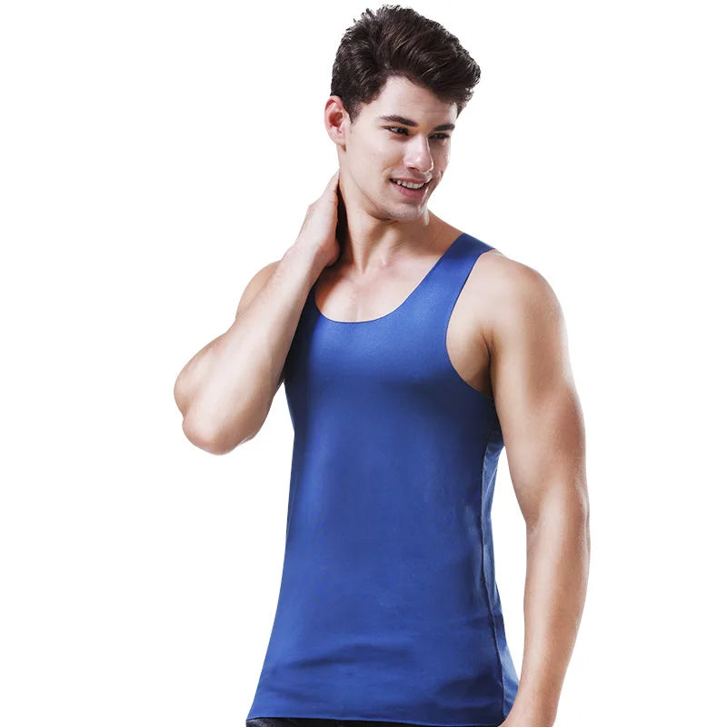 Blue men's seamless fitness vest, sleeveless crew neck