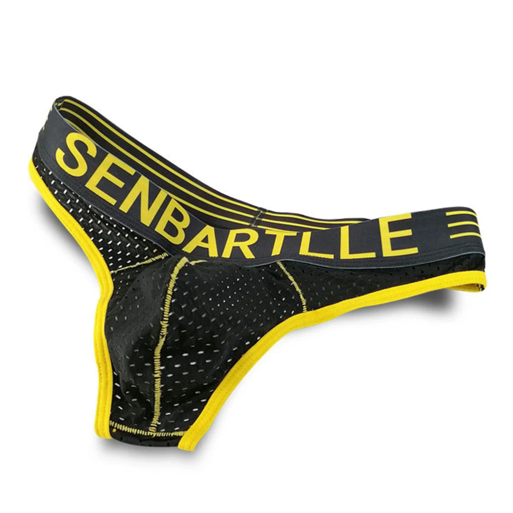 Black mesh U-pouch brief with yellow trim and SENBARTLE letter band across waistband